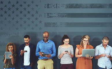 Image showing Connection, composite and a group of people with technology for communication, social media and networking. USA, overlay and men and women using tech for networking, internet and online chat