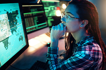 Image showing Woman, computer screen and hacker thinking with software, data programming or cybersecurity. Idea, coder and female reading map for hacking, location or phishing, info on dark web at night in home.