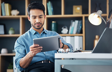 Image showing Business man, tablet and internet in office for productivity, planning and startup research. Male employee working on digital technology, website strategy and scroll trading app for data management