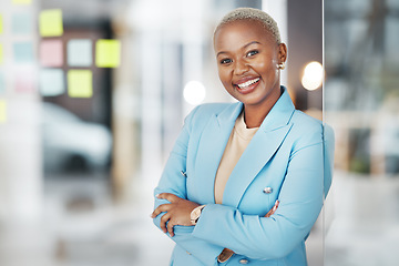 Image showing Black woman, portrait smile and arms crossed in small business management leaning proud on glass at office. Happy African American female smiling in confidence for corporate planning at workplace