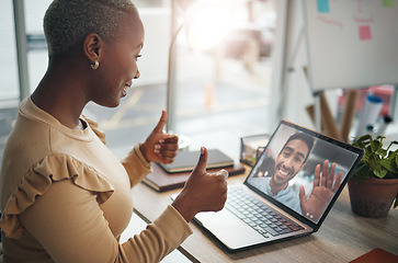 Image showing Video call, thumbs up and people on laptop screen business, global communication or online meeting success. Like, yes and agreement hands of black woman and partner for virtual planning on computer