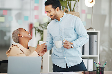 Image showing Coffee, laugh and friends with business people in office for support, lunch break and relax. Networking, communication and social with man and black woman for conversation, happy and discussion