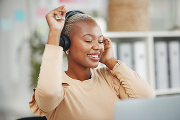 Image showing Dance, enjoying and black woman with music during work, radio break and listening to audio. Smile, stress relief and dancing African employee with headphones for streaming podcast, songs and playlist