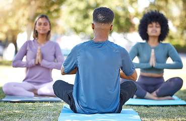 Image showing Mediation, fitness and yoga class with people in park for relax, mindfulness and spirituality. Zen, peace and wellness with group and training in grass field for health, healing or gratitude