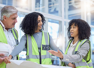 Image showing Architect discussion, blueprint and planning teamwork on real estate property, architecture engineering or project site. Construction worker, diversity and people review infrastructure development