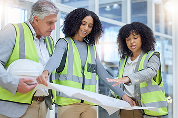 Image showing Diversity architect, blueprint and planning teamwork on real estate property, architecture engineering or project site. Construction worker, illustration and people review infrastructure development