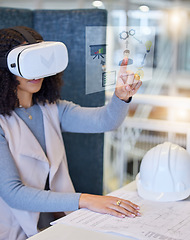 Image showing Woman, VR and construction with blueprint in planning, UI or UX for project strategy or hologram at the office. Female architect touching virtual interface in architecture for floor plan or metaverse