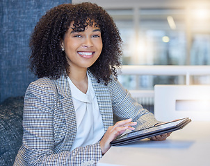 Image showing Office portrait, happy and woman with tablet for bank administration, finance review or budget funding analysis. Banking admin, financial advisor or professional biracial person with vocation pride