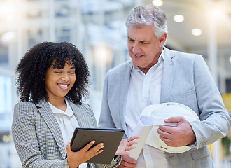 Image showing Architect manager, tablet collaboration and happy people review design of real estate property or project site. Architecture engineering team, diversity or teamwork planning of remodeling development