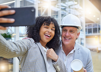 Image showing Architect selfie, diversity and happy team with memory picture of architecture engineering partnership. Collaboration, teamwork and people at property project, real estate development or office site