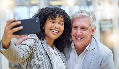 Image showing Selfie, friends and employees with success, smile and executives with new project, development and profile picture for website. Coworkers, black woman or mature man with happiness, business or career