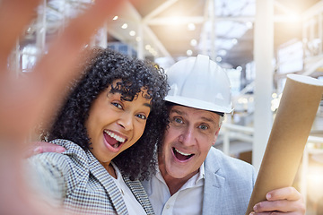 Image showing Selfie, engineer and employees excited, success and new project with smile, celebration and work target. Portrait, male architect and black woman with happiness, corporate deal and goals for company