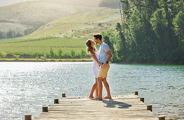 Image showing Lake, dancing or bonding nature couple on outdoor quality time together, fun countryside adventure or weekend getaway. Freedom peace, water or playful woman, man or romantic people dance on love date