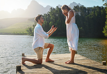 Image showing Man, woman and marriage proposal by lake on vacation with surprise, wow or happiness in sunshine. Couple, engagement and offer ring in nature for romance, love and happy on holiday in summer by water