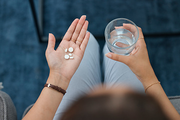 Image showing Hands, pills and water in glass with health, sick person and pharmaceutical iron supplement for medical problem. Healthcare, top and pharmacy drugs in palm, pain relief and prescription medicine