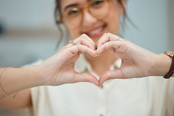 Image showing Heart, love and happy with hand of woman for thank you, support and peace. Kindness, hope and motivation symbol with closeup of female person and sign at home for emoji, care and romance icon