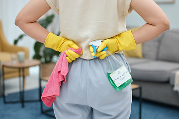 Image showing Back of woman, cleaning cloth and bottle with gloves for home disinfection of dirt, bacteria and dust. Closeup hands of female person ready for housekeeping with chemical spray and detergent product