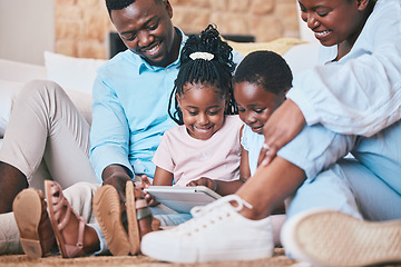 Image showing Streaming, happy and tablet with black family in living room for relax, games and elearning app. Digital, technology and internet with parents and children at home for movies, education and network