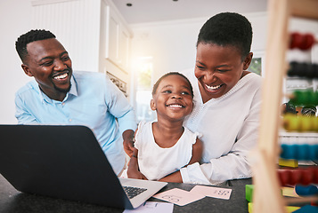 Image showing Black family, laptop and elearning, education and happy, parents help child with kindergarten school work. Teaching, learning and support, man and woman with young boy at home, online class and fun