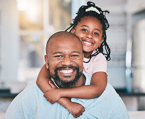 Image showing Grandfather, black family and portrait of child in home living room, bonding and relax together. African grandpa, happy and face of girl kid with care, love and smile to enjoy quality time in house