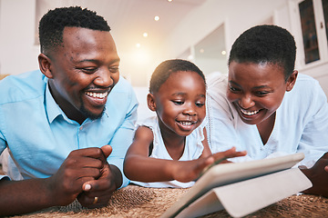 Image showing Digital happy and tablet with black family in living room for streaming, online games and elearning app. Relax, technology and internet with parents and child at home for movies, education or network