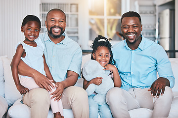 Image showing Black family, grandfather or portrait of father with children or smile bonding to relax together in home. African grandpa, happy kids siblings or parent with care or love enjoying time on house sofa