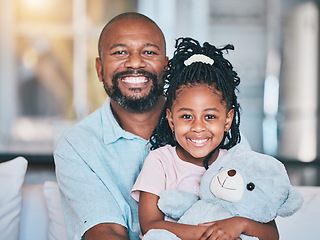 Image showing Black family, grandfather and portrait of girl in home living room, bonding and relax together with teddy bear. African grandpa, happy and face of child with care, love and smile in house with toys