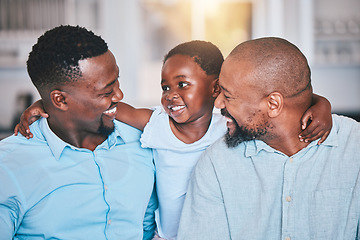 Image showing Black family, grandfather and father with girl in home, bonding and relax together. African grandpa, dad and happy child with care, love and smile, enjoying quality time and hug to embrace in house