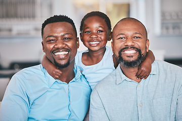 Image showing Black family, grandfather and father with girl in portrait, bonding and relax together in home. African grandpa, dad and face of child with care, love and smile, happy and enjoying quality time