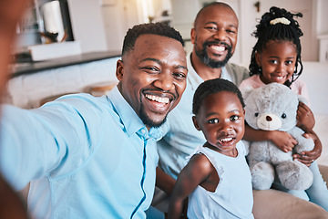 Image showing Black family, selfie and father on a couch with children on a couch or sofa bonding, smile and happy in a home. African, grandfather and dad relax with kids as love, care and support in living room