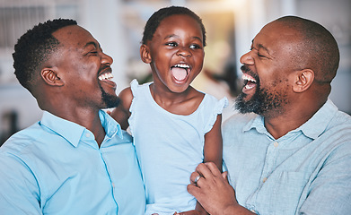 Image showing Black family, grandfather or dad laughing with child bonding or playing to relax together at home. African grandpa, happy funny kid or happy dad tickling girl with care, smile or love enjoying humor