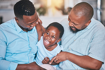 Image showing Black family, grandfather or dad playing with child bonding or laughing to relax together at home. African grandpa, happy funny kid or happy dad tickling girl with care, smile or love enjoying humor