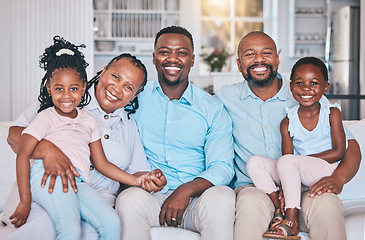 Image showing Black family, grandparents and father on a couch with children on sofa bonding, smile and happy in a home. African, parents and dad relax with kids as love, care and support in living room or lounge