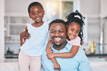 Image showing Father, happy and portrait of black children in home, bonding and relax together. African dad, face smile and kids with care, love and enjoying quality time with family in living room sofa in house