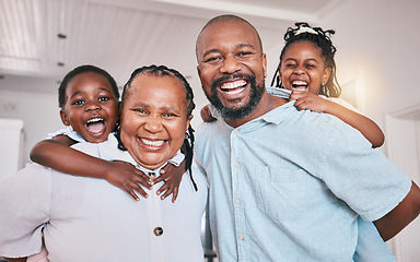 Image showing Portrait, grandmother and grandfather with black kids, smile and family bonding together in home. African grandma, grandpa and face of children with care, love or happy for funny laugh with piggyback