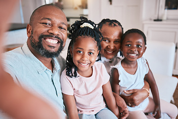 Image showing Selfie, father and portrait with black family on sofa in living room with love in home Memory, happy face and man, kid and grandmother on couch for quality time or profile photo with african people.