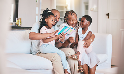 Image showing Learning, reading book and black family with surprise on sofa in home living room. African grandpa, grandma and storytelling with kids, wow and shocked on couch for education, study and bonding