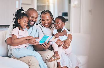 Image showing Learning, reading book and black children with grandparents on sofa in home living room. African family, storytelling and happy kids with grandma and grandpa on couch for education, study and bonding