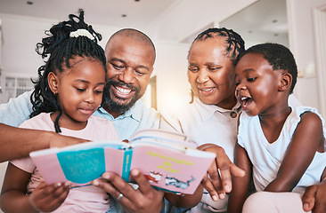 Image showing Education, happy kids or grandparents storytelling for learning, child development or bonding at home. Grandmother, black family or grandfather reading book for children with love, smile and support