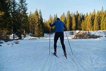 Image showing Nordic skiing or Cross-country skiing classic technique practiced by man in a beautiful panoramic trail at morning.Selective focus.