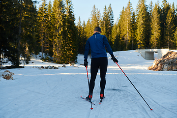 Image showing Nordic skiing or Cross-country skiing classic technique practiced by man in a beautiful panoramic trail at morning.Selective focus.