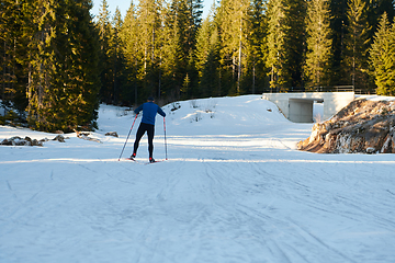 Image showing Nordic skiing or Cross-country skiing classic technique practiced by man in a beautiful panoramic trail at morning.Selective focus.