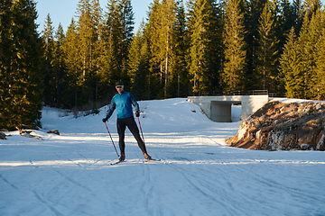 Image showing Nordic skiing or Cross-country skiing classic technique practiced by man in a beautiful panoramic trail at morning.Selective focus.