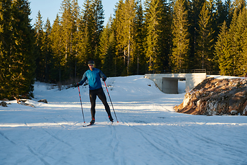 Image showing Nordic skiing or Cross-country skiing classic technique practiced by man in a beautiful panoramic trail at morning.Selective focus.