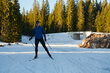 Image showing Nordic skiing or Cross-country skiing classic technique practiced by man in a beautiful panoramic trail at morning.Selective focus.