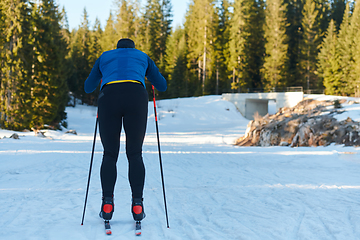 Image showing Nordic skiing or Cross-country skiing classic technique practiced by man in a beautiful panoramic trail at morning.Selective focus.