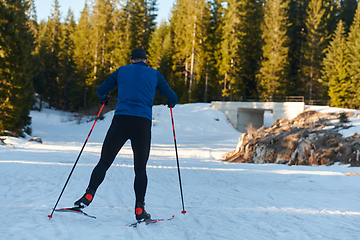 Image showing Nordic skiing or Cross-country skiing classic technique practiced by man in a beautiful panoramic trail at morning.Selective focus.