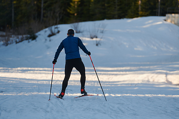 Image showing Nordic skiing or Cross-country skiing classic technique practiced by man in a beautiful panoramic trail at morning.Selective focus.