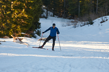 Image showing Nordic skiing or Cross-country skiing classic technique practiced by man in a beautiful panoramic trail at morning.Selective focus.