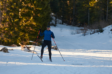 Image showing Nordic skiing or Cross-country skiing classic technique practiced by man in a beautiful panoramic trail at morning.Selective focus.